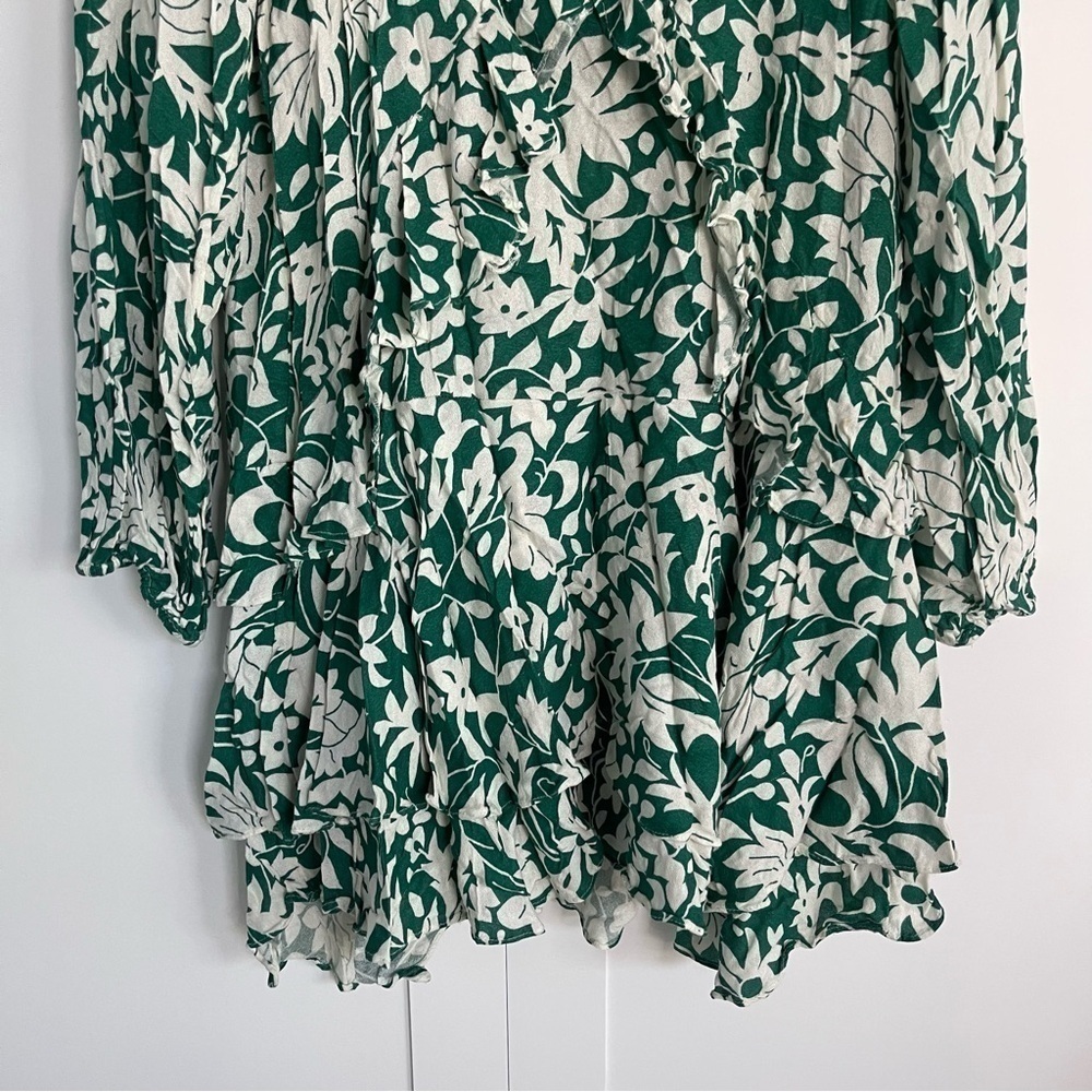 Free People Rebecca Floral Ruffle Long Sleeve Casual Green & White Mini Dress L - Picture 6 of 11